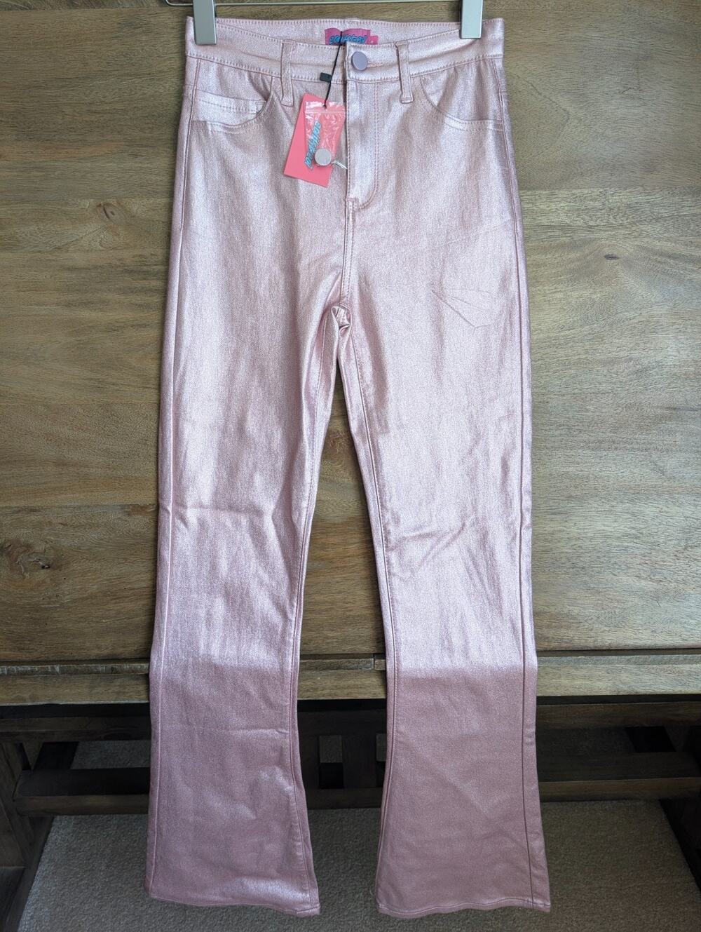 NWT Edikted Luna Faux Leather Jeans Womens Small Pink Metallic Flare Leg 1031